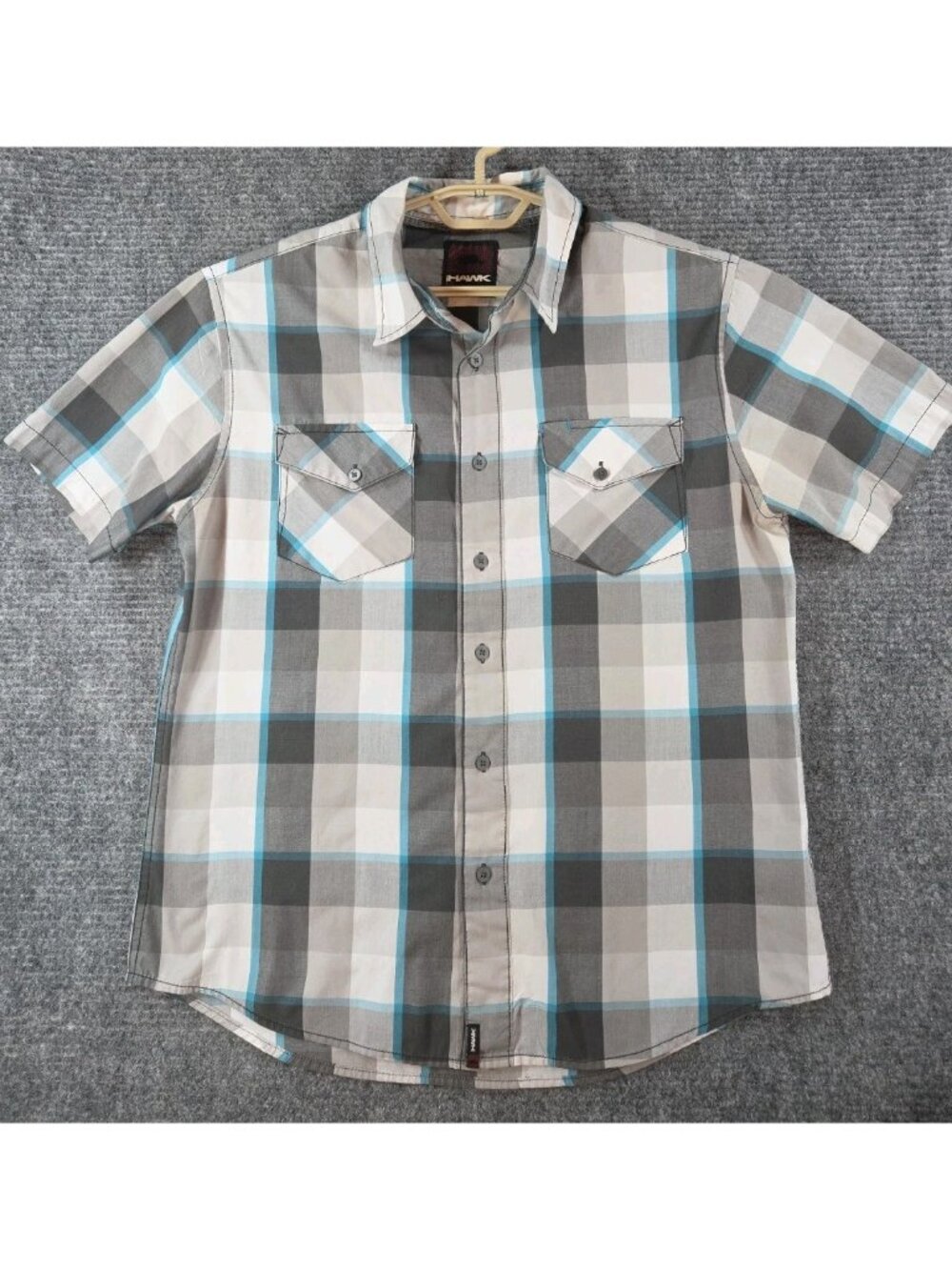 Tony Hawk SS Plaid Button Up Shirt Men's L Gray Teal Black White Skater